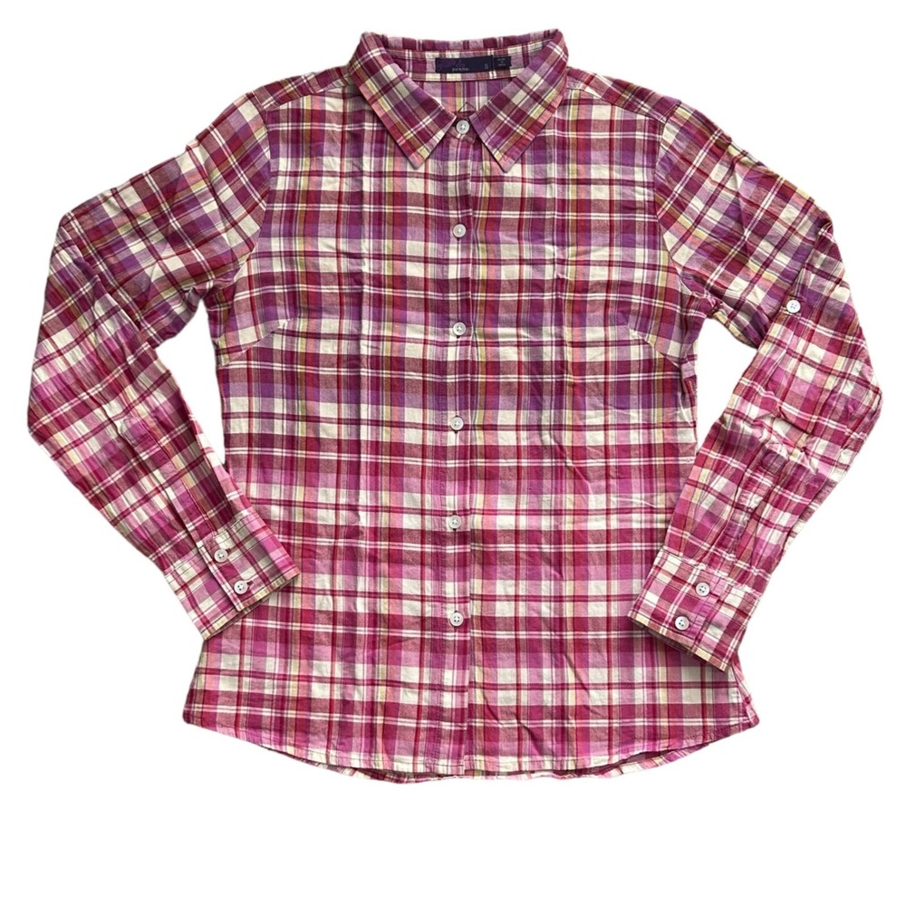 prAna Shirt Women Small Pink Plaid Organic Cotton Roll Tab Sleeve Outdoor Travel